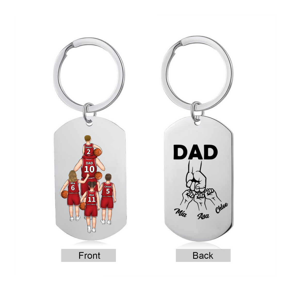 2-5 Names-Personalised Dad's Basketball Team Fist Keyring Custom Names Gift For Dad/Grandad