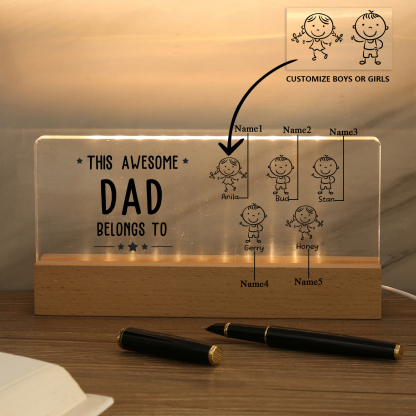 5 Names & Doll Gender - Personalised Lamp -This Awesome Dad  Belongs To - Father's Day Gift for Dad