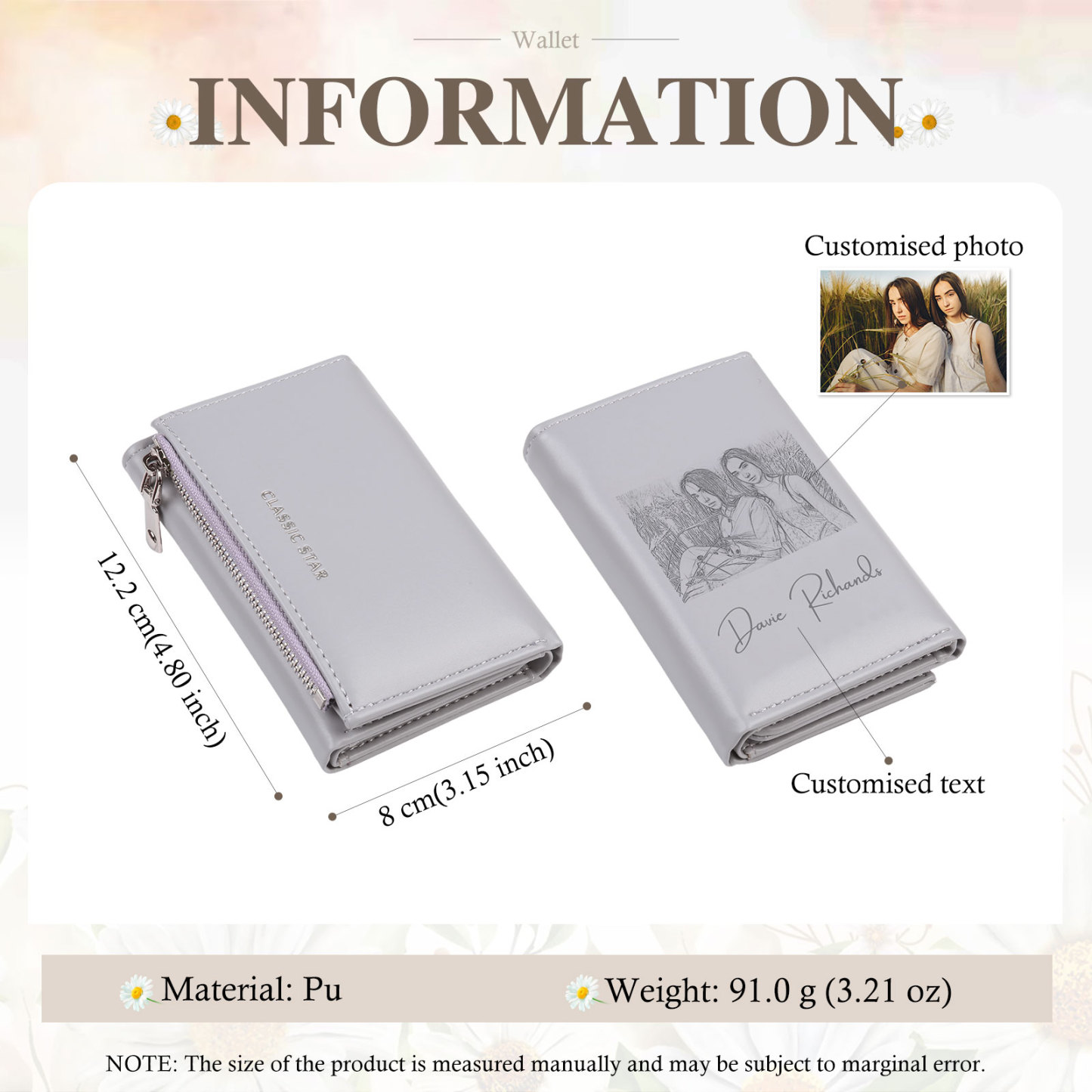 Custom Purse-Personalised Photo Quality Leather Folding Zip Wallet Custom Text Wallet Gift for Her