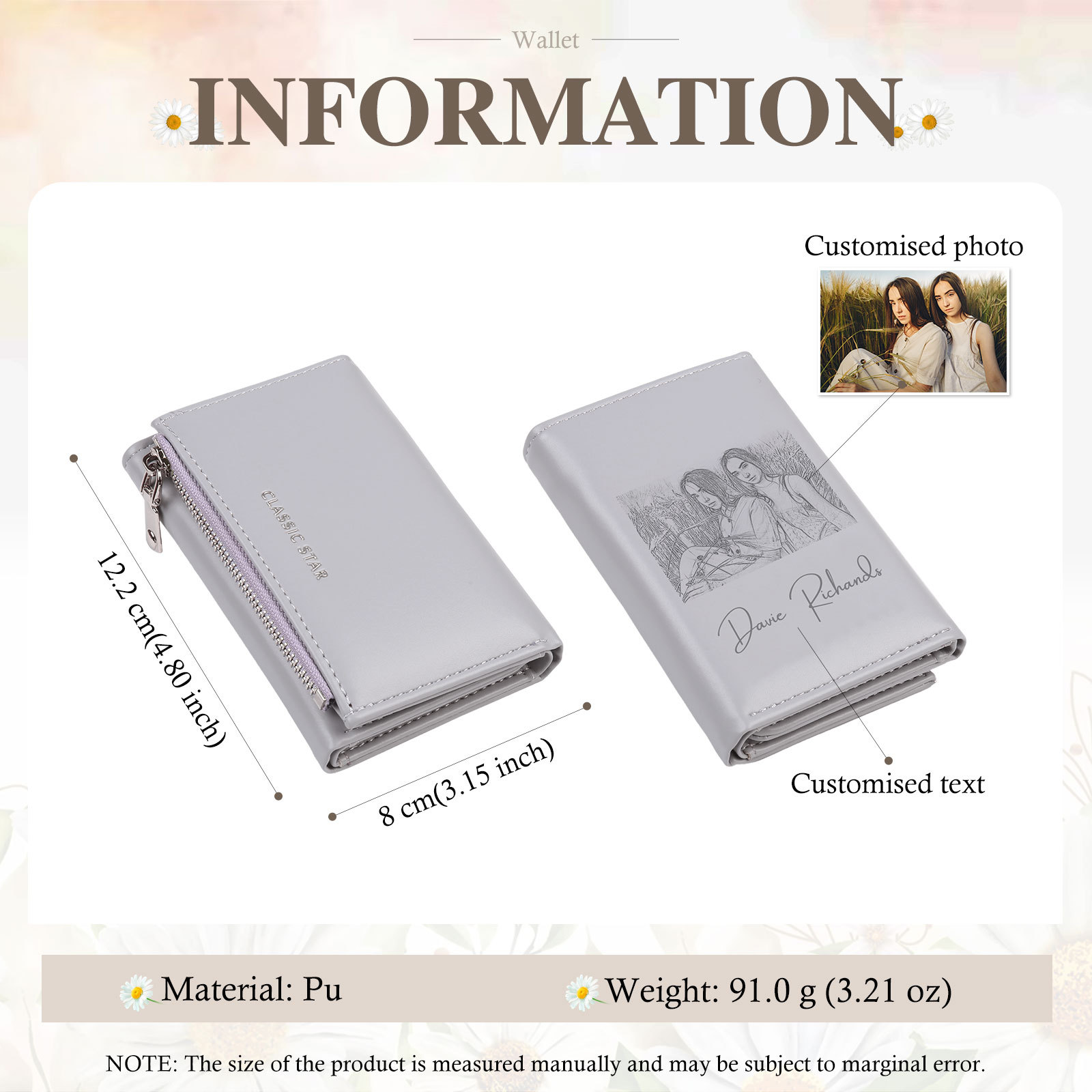 Custom Purse-Personalised Photo Quality Leather Folding Zip Wallet Custom Text Wallet Gift for Her