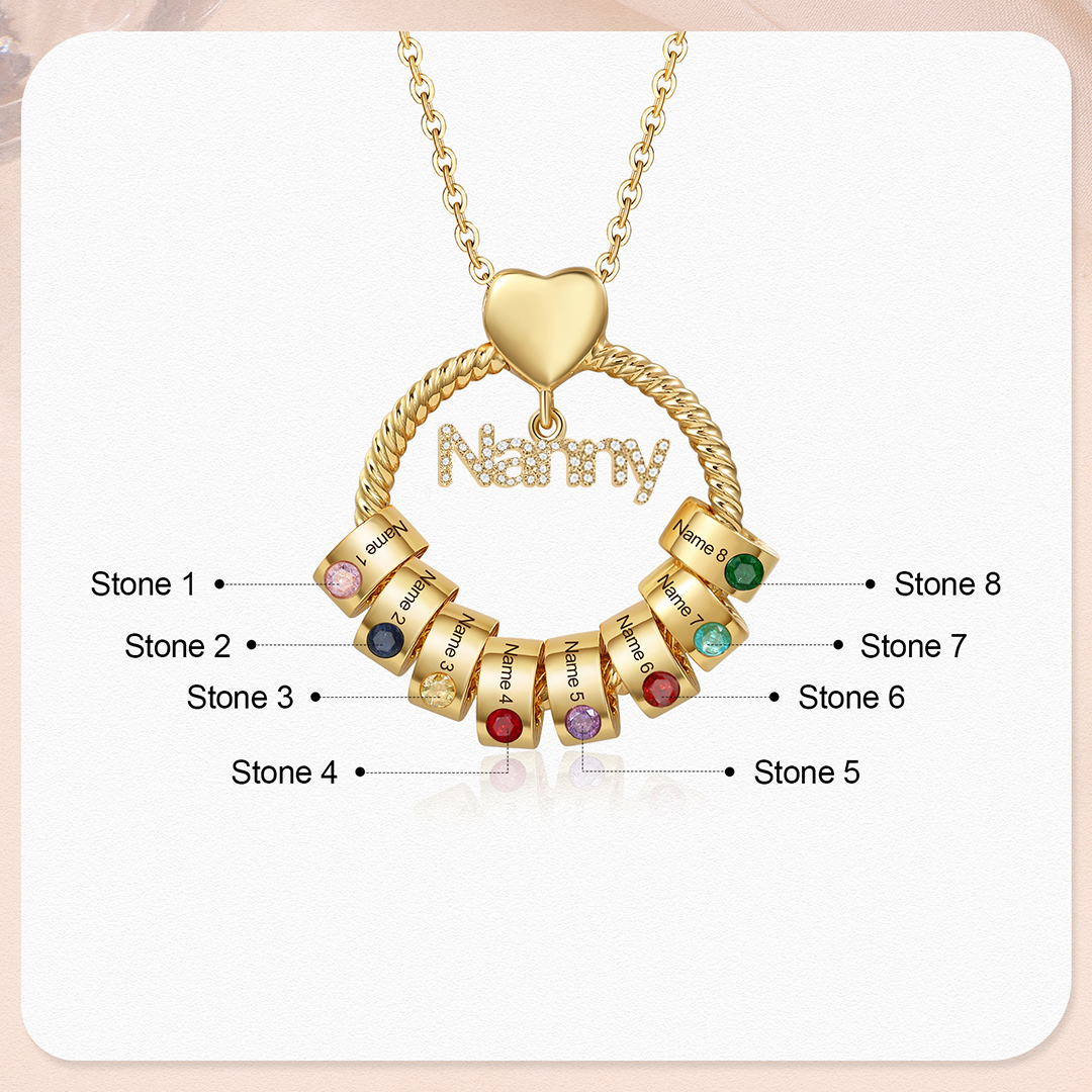 8 Names-Personalised Nanny Circle Necklace With 8 Birthstones Pendant Engraved Names Gift For Nanny