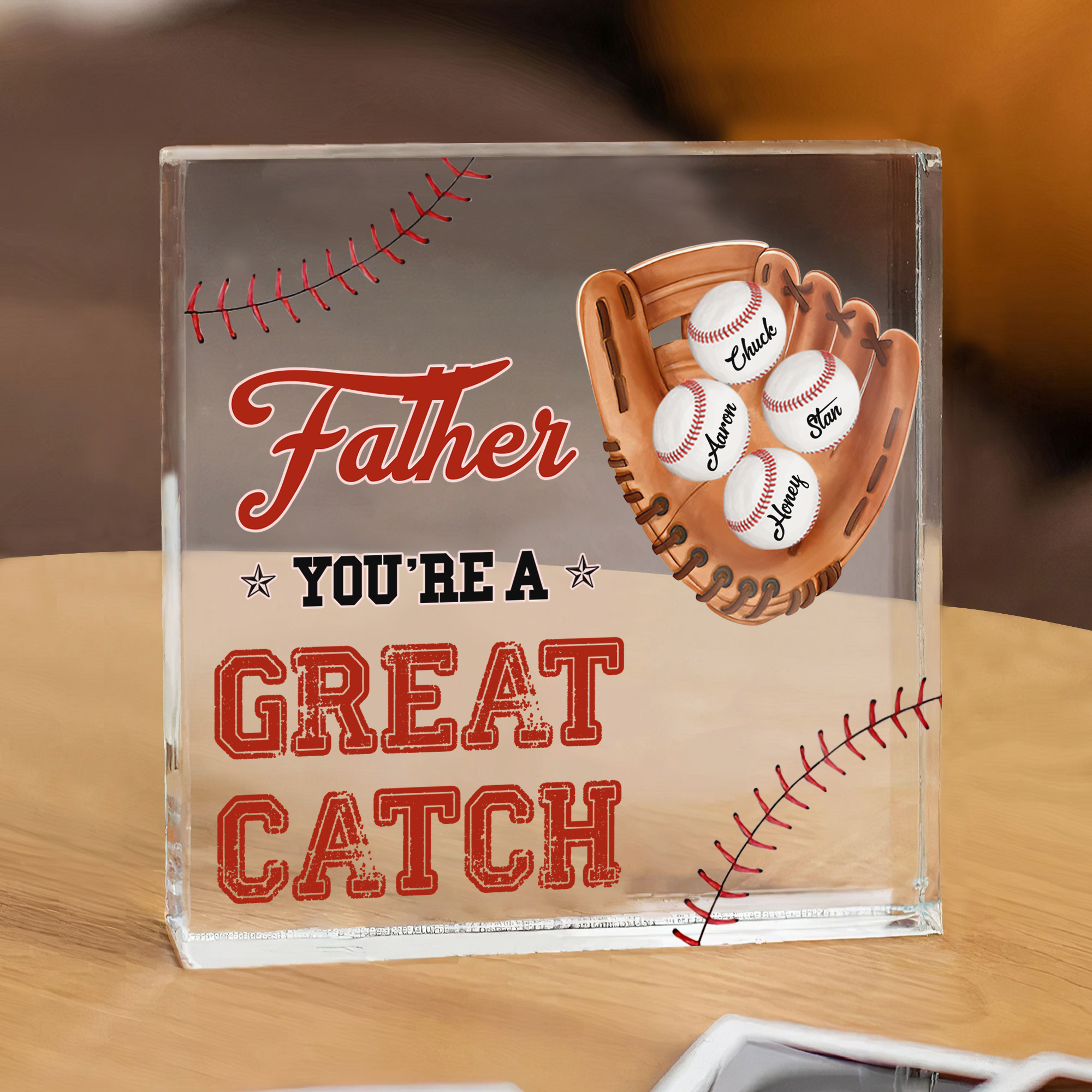 4 Names - Personalised Baseball Acrylic Keepsake Customized Name and Text Acrylic Plaque Ornament Father's Day Gift for Dad