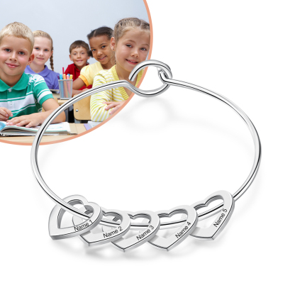 Personalised 5 Names Kids Bracelet Custom Engraved Heart Shaped Charm Bracelet - Christmas Gift for Mum/nan