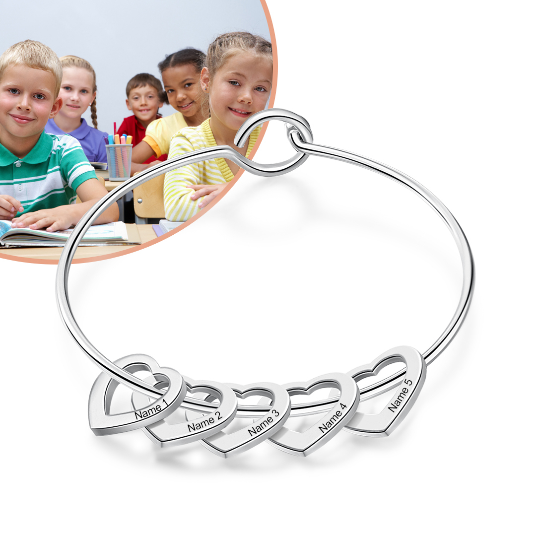 Personalised 6 Names Women Bracelet Custom Engraved Heart Shaped Charm Bracelet - Christmas Gift For Mum/Nan