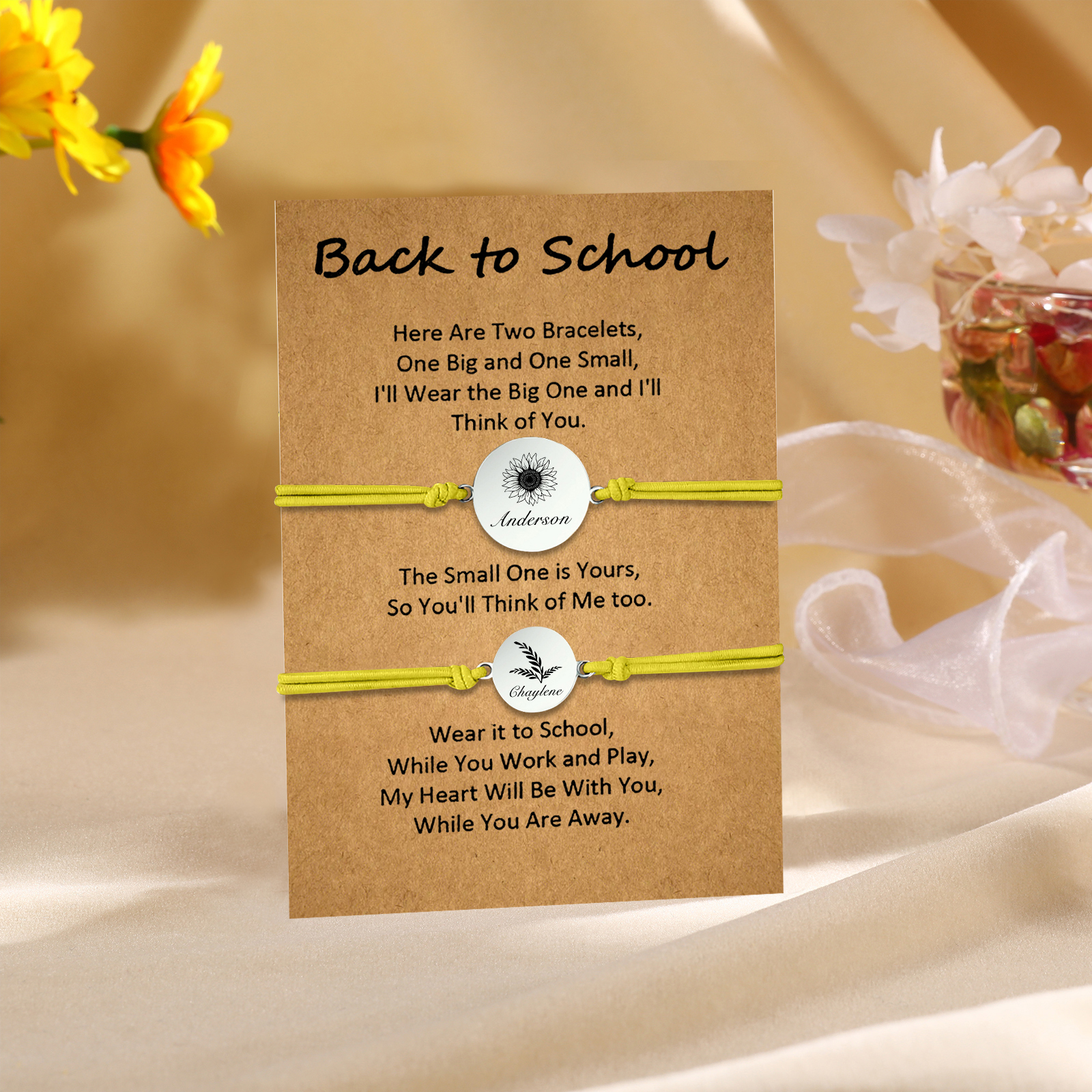 2 PCS Customized 2 Names Dandelion Pattern Elastic Stainless Steel Bracelet Back-To-School Gift For Daughter