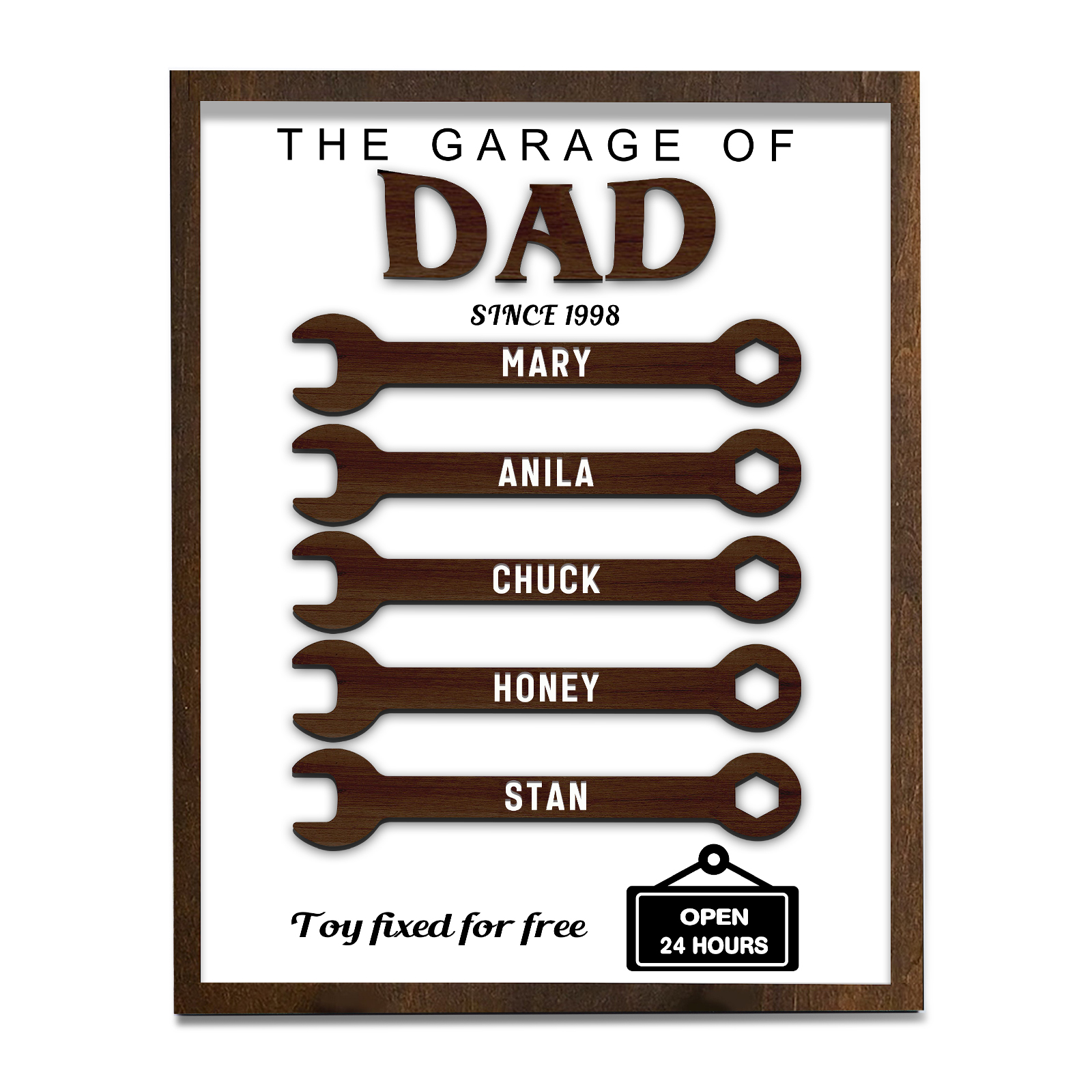 5 Names - Personalised Repair Tool Style Home Photo Frame Wooden Decor Father's Day Gift for Dad