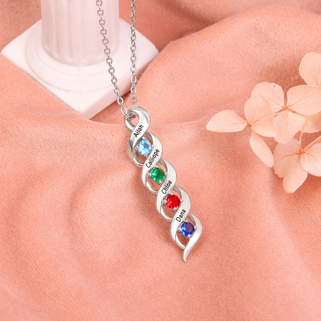 3 Names-Personalised Necklace Cascading Pendant with 3 Birthstones Engraving 3 Names Gifts for Her