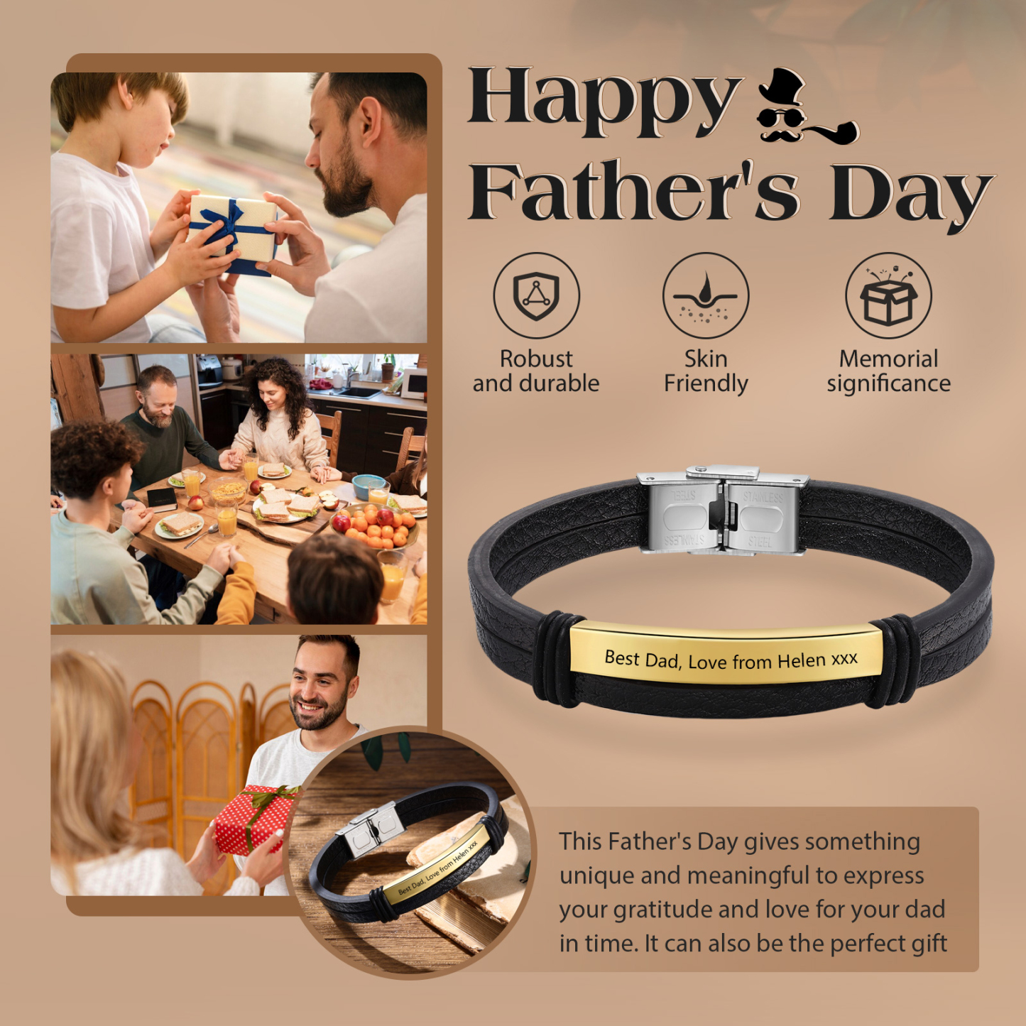 Personalised Text Black Leather Bracelet Men's Bracelet Father's Day Gift for Dad
