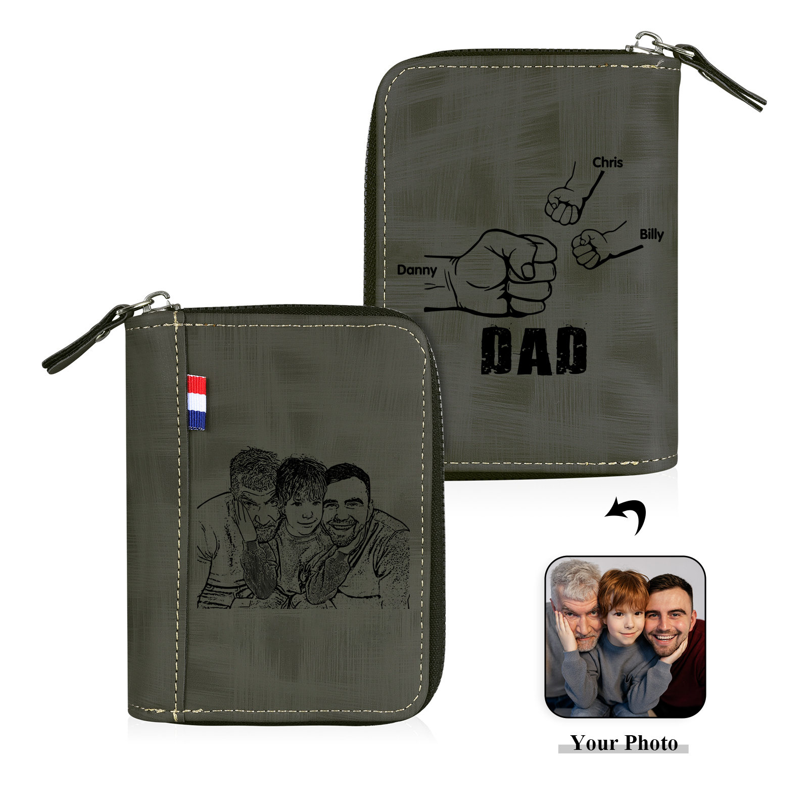 3 Names - Personalised Fist Bump Fist Bump Photo Custom Leather Men's Zipper Wallet as a Father's Day Gift for Dad