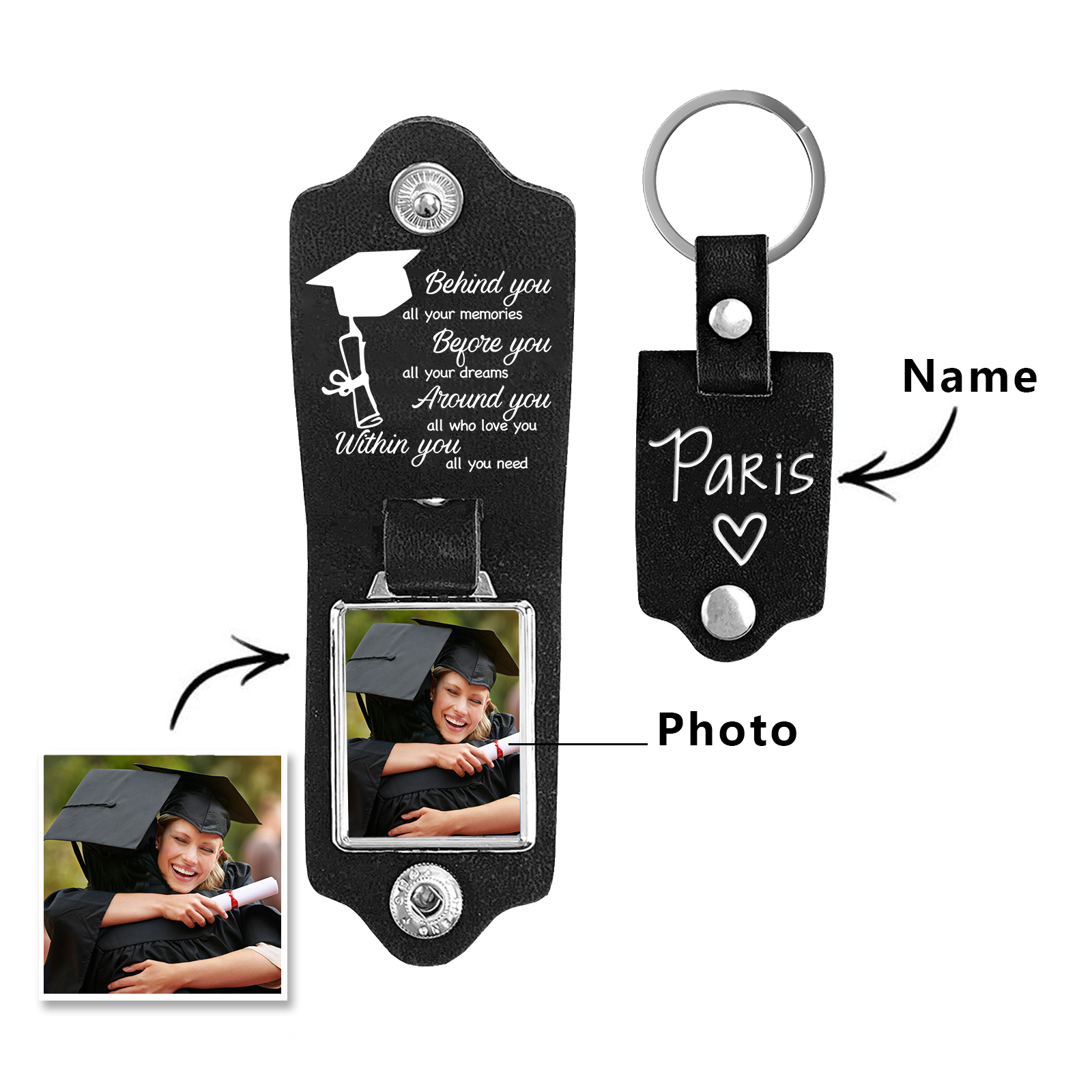 2024 Graduation Gifts - Personalised Name Flip Leather Keyring Customized Photo Keyring Gift for Her/Him