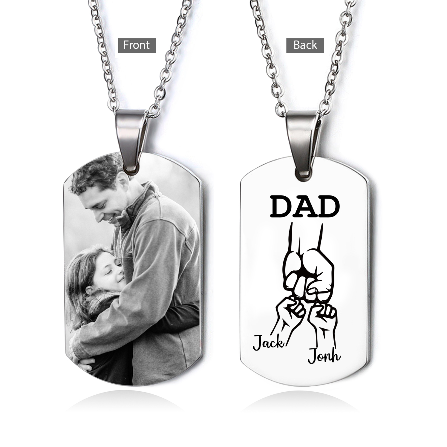 3 Names-Personalised Dad Photo Fist Stainless Steel Necklace-Custom Names and Photo Necklace for Father/Grandad