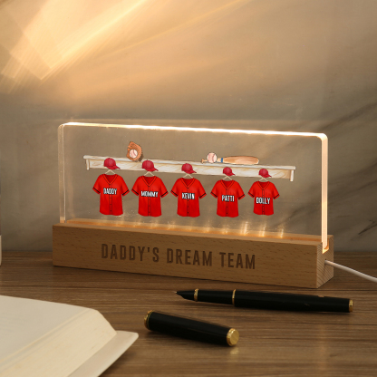 5 Names - Personalised Baseball Jersey Desk Lamp - Dad's Dream Team - Father's Day Gift for Dad