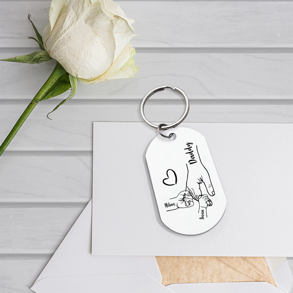 2 Names - Personalised Holding Hands Keyring with name and text Gift for Dad