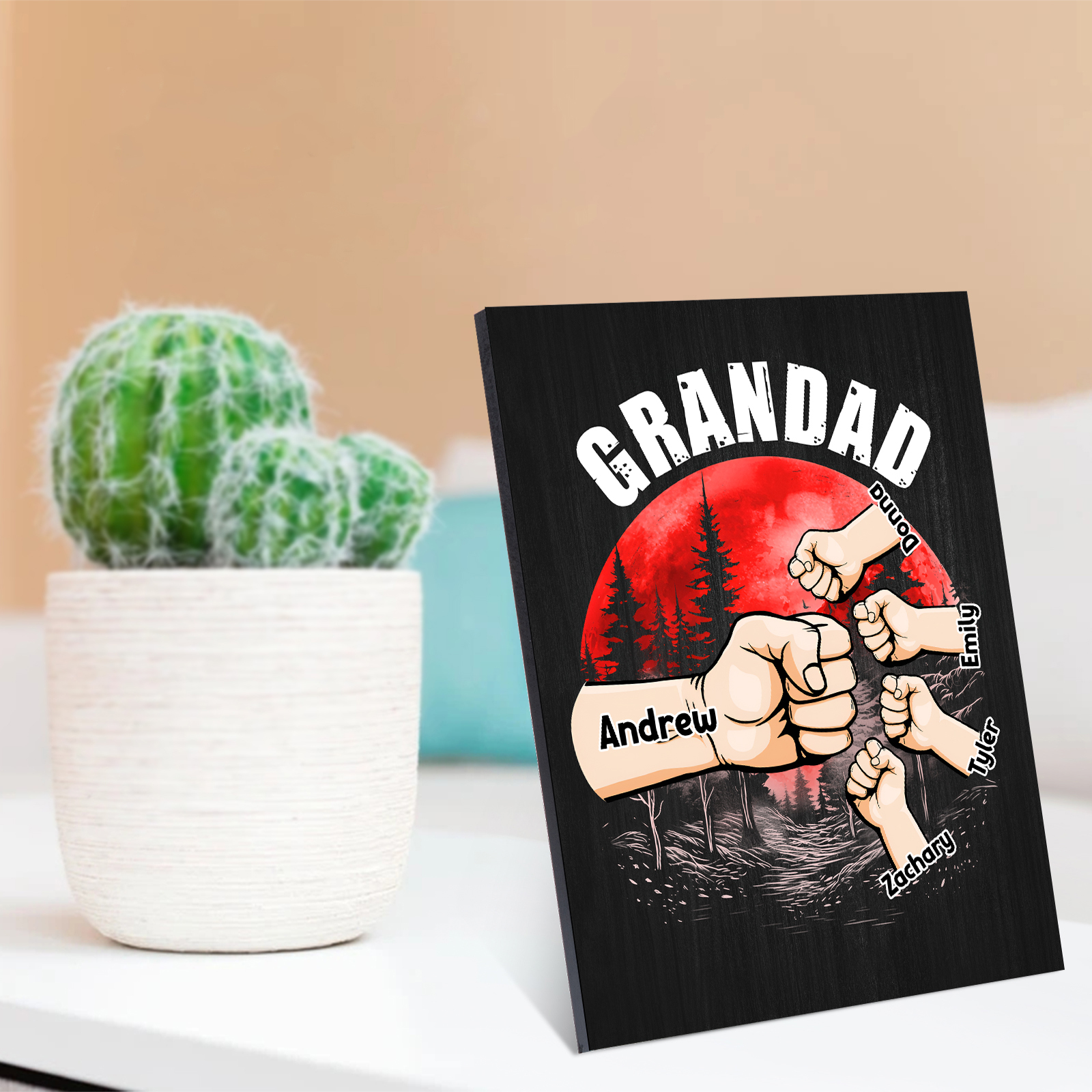 5 Names - Personalised Wooden Ornament Fist Bump Red Forest Style Engraved Name and Text Ornament for Dad