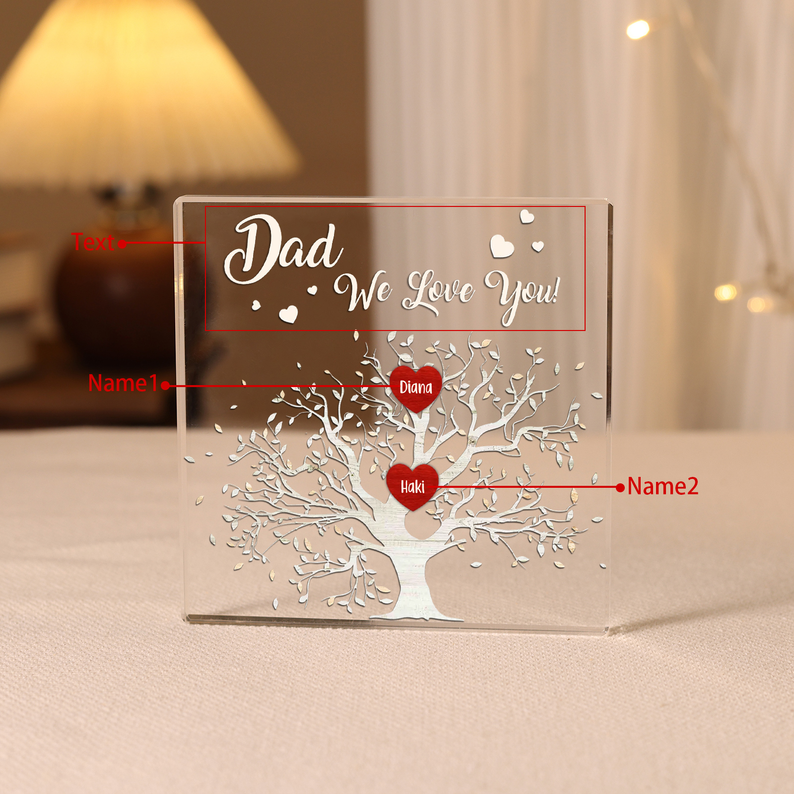 2 Names-Personalised Acrylic Family Tree Keepsake-Custom Text and Names-Acrylic Plaque Home Decoration Gift for Dad/Grandad