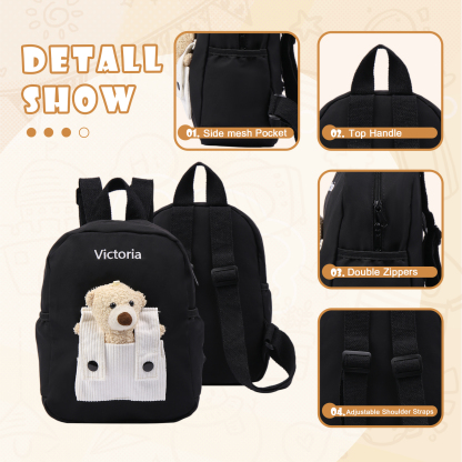 Personalised Bear School Bag Custom Name Canvas Backpack Back To School Gift for Kids