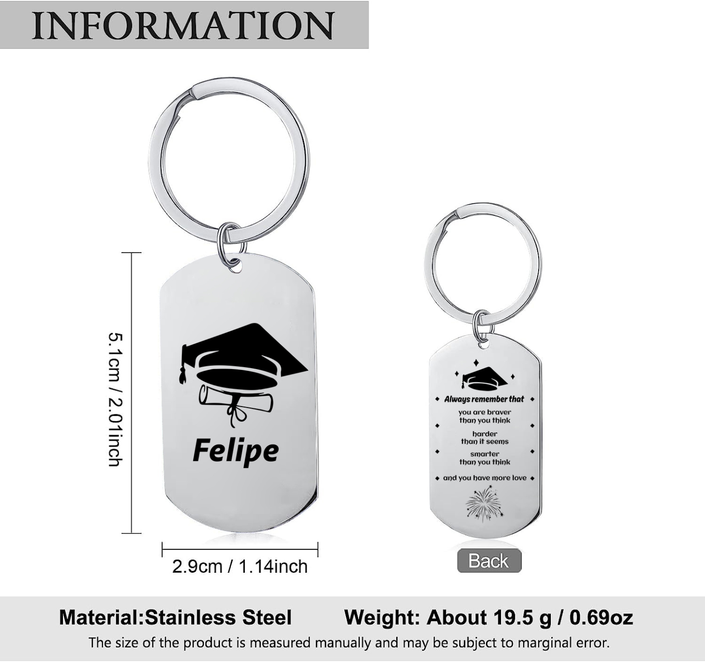 Personalised Name Military Keyring With Inspirational Text Graduation Gift For Her/Him