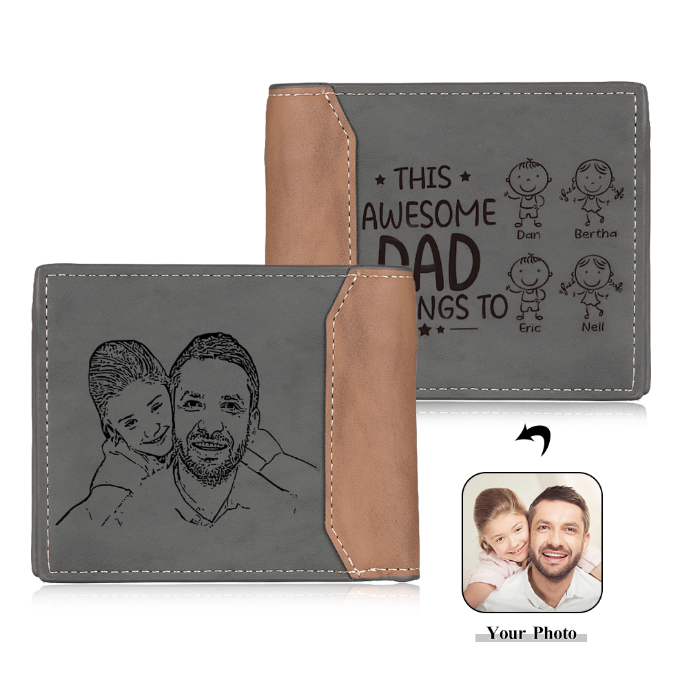 4 Names-Personalised Doll Customized Leather Men's Wallet Customized Name Folding Grey Wallet for Dad