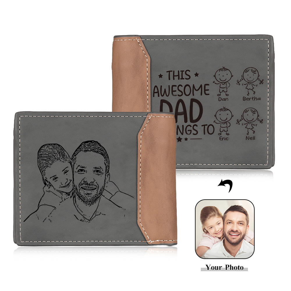 4 Names-Personalised Doll Customized Leather Men's Wallet Customized Name Folding Grey Wallet for Dad