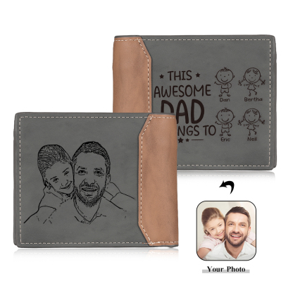 4 Names-Personalised Doll Customized Leather Men's Wallet Customized Name Folding Grey Wallet for Dad