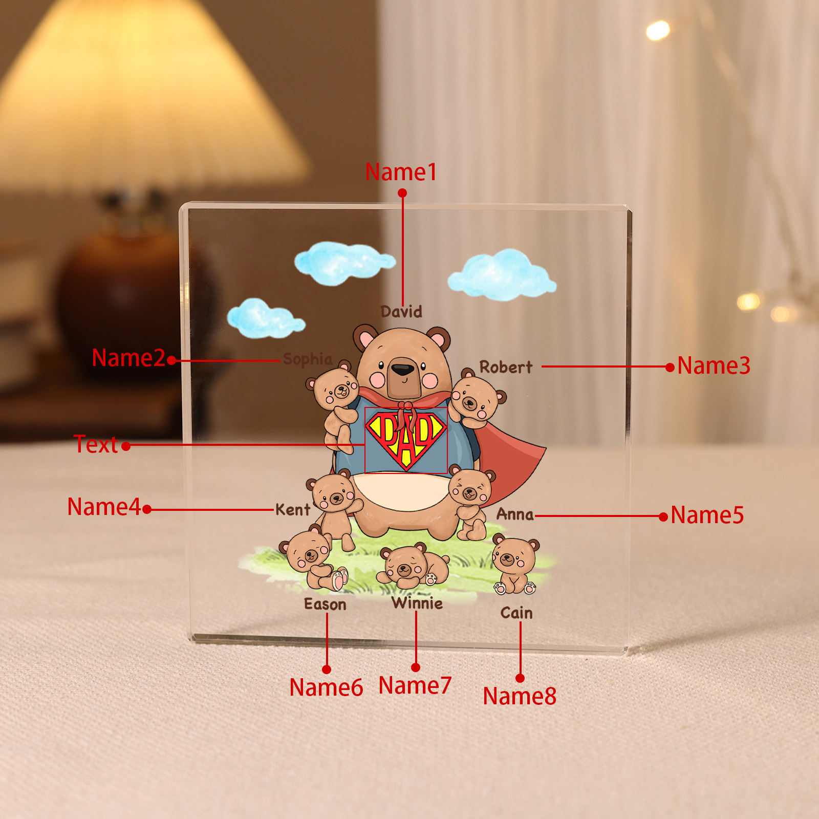 8 Names-Personalised Super Bear Family Acrylic Keepsake-Custom Text and Names-Acrylic Plaque Home Decoration Gift for Dad/Grandad