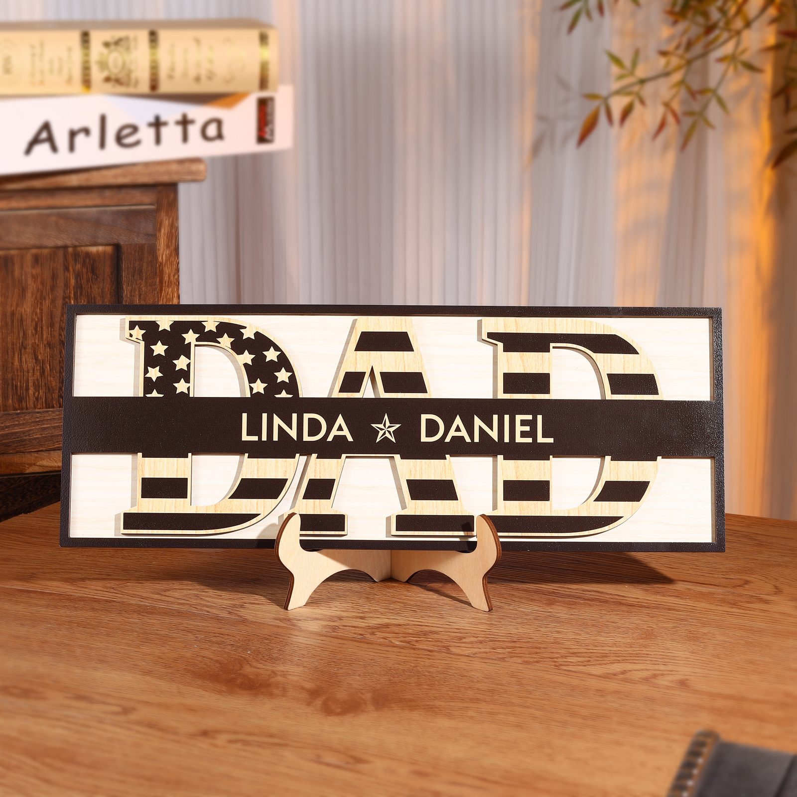 2 Names - Personalised Wood Ornament Engraved with Dad Text Support Customized Name Ornament Father's Day Gift for Dad