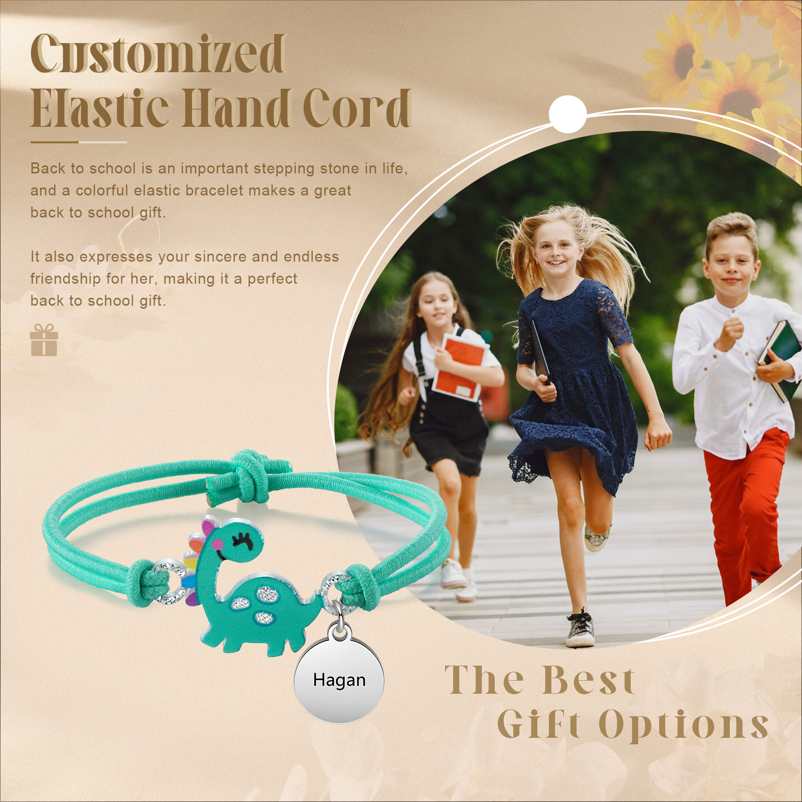 Personalised Name Cute Dinosaur Style Elastic Cord Rubber Rope Bracelet, As A Back To School Gift For Children