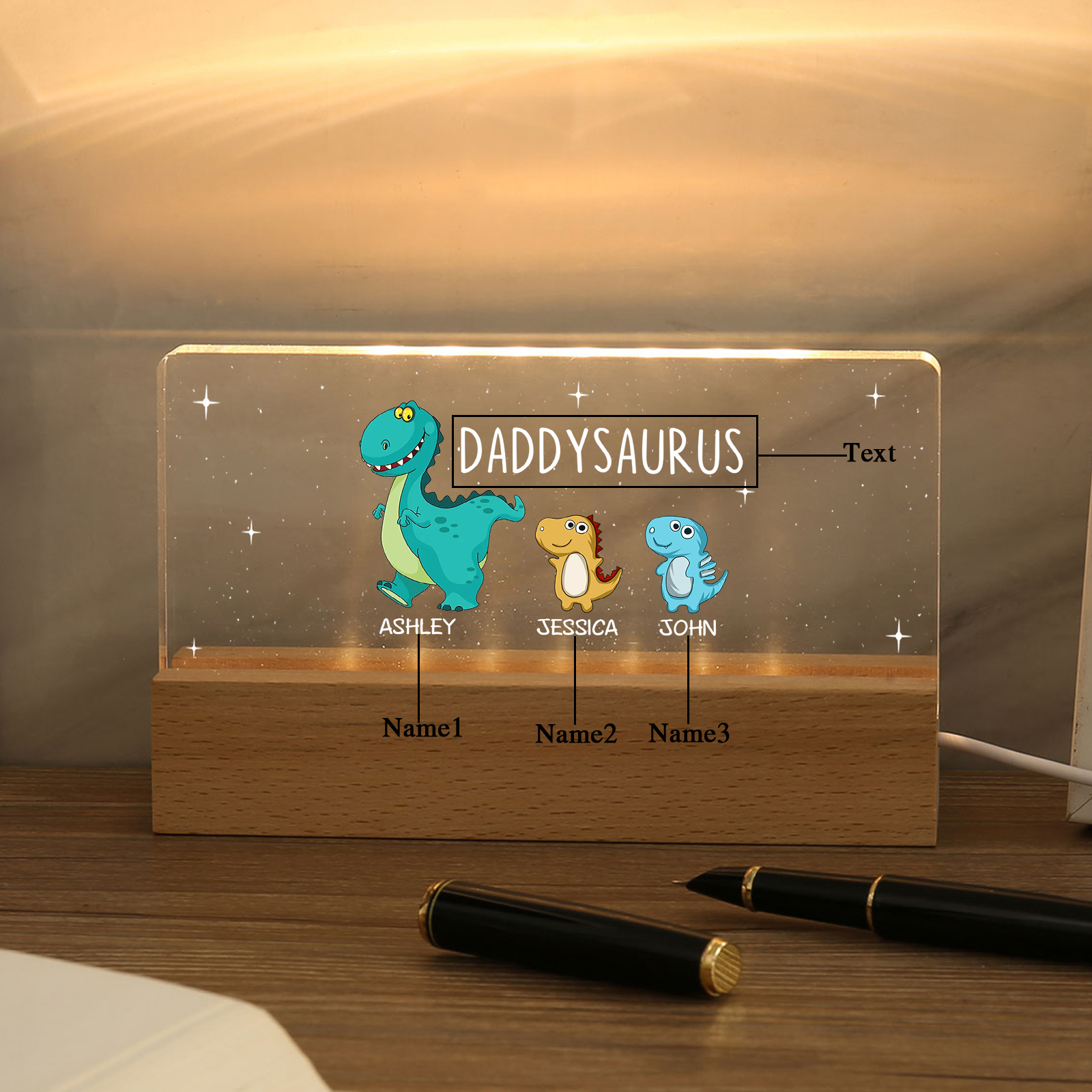 3 Names - Personalised Cute Dinosaur Pattern Beautiful Table Lamp Father's Day Gift for Dad