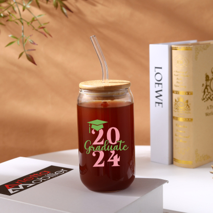 2024 Graduation Gift - Personalised Name and Year Glass with Glass Straw
