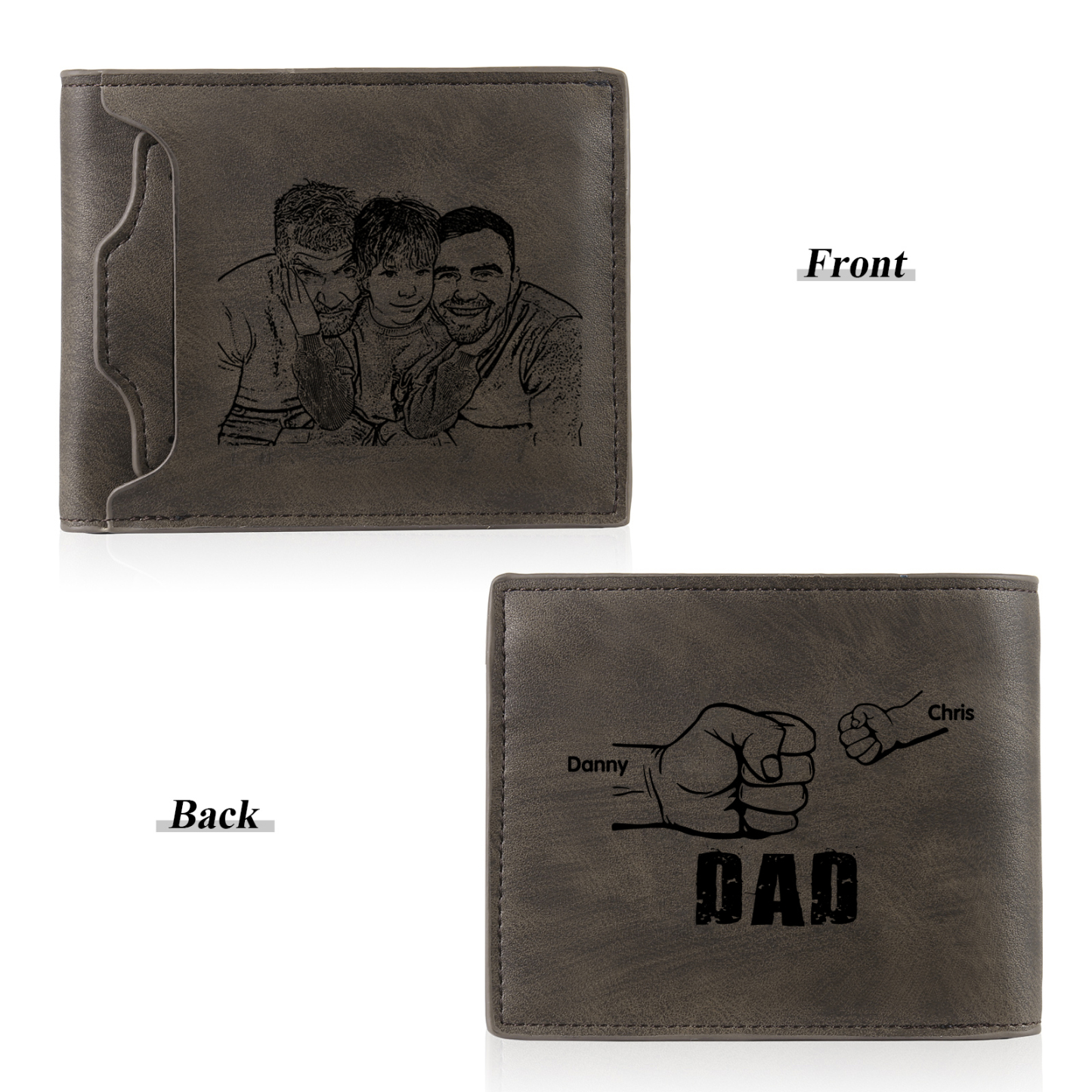2 Names - Personalised Photo Custom Leather Men's Folding Wallet as a Father's Day Gift for Dad