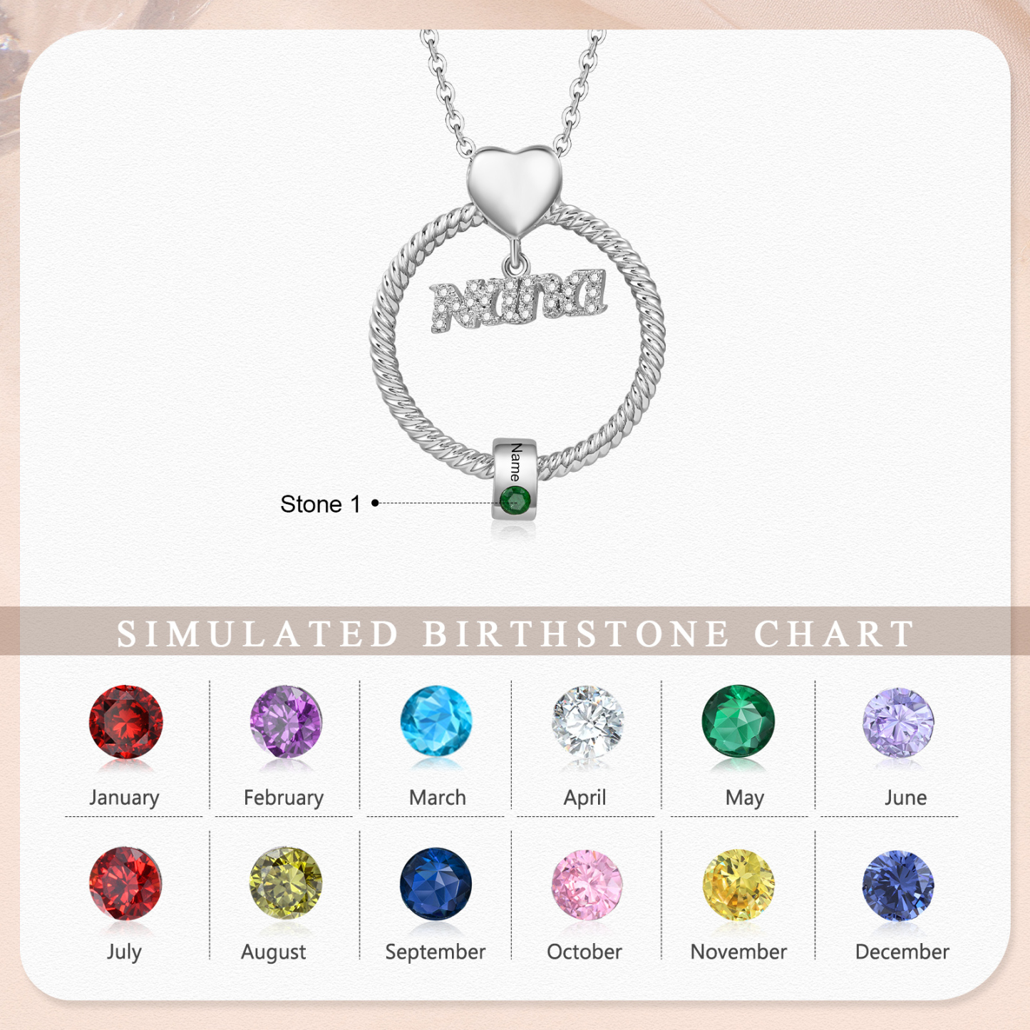 1 Name-Personalised Nana Circle Necklace Set With Rose Flower Gift Box-Custom Women Necklace With 1 Birthstone Pendant Engraved Names Gift For Nana