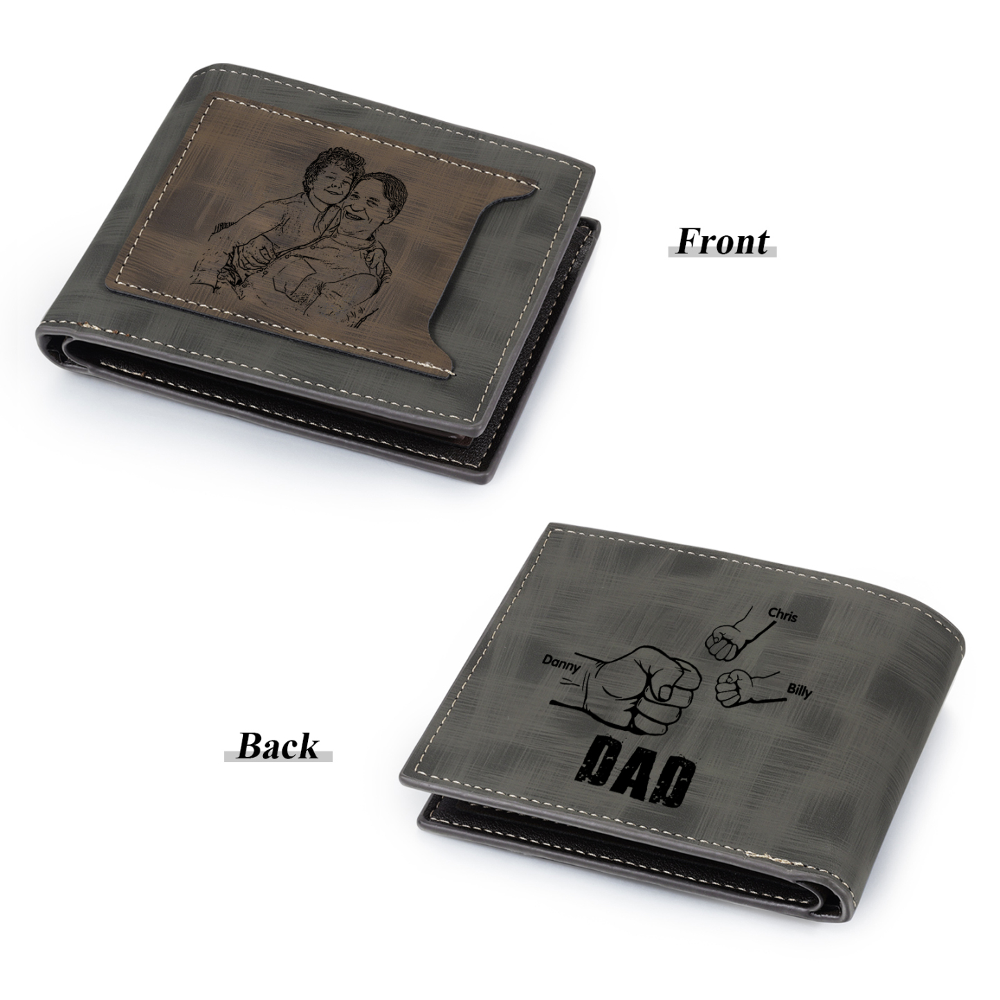 3 Names - Personalised Photo Custom Leather Men's Wallet as a Father's Day Gift for Dad