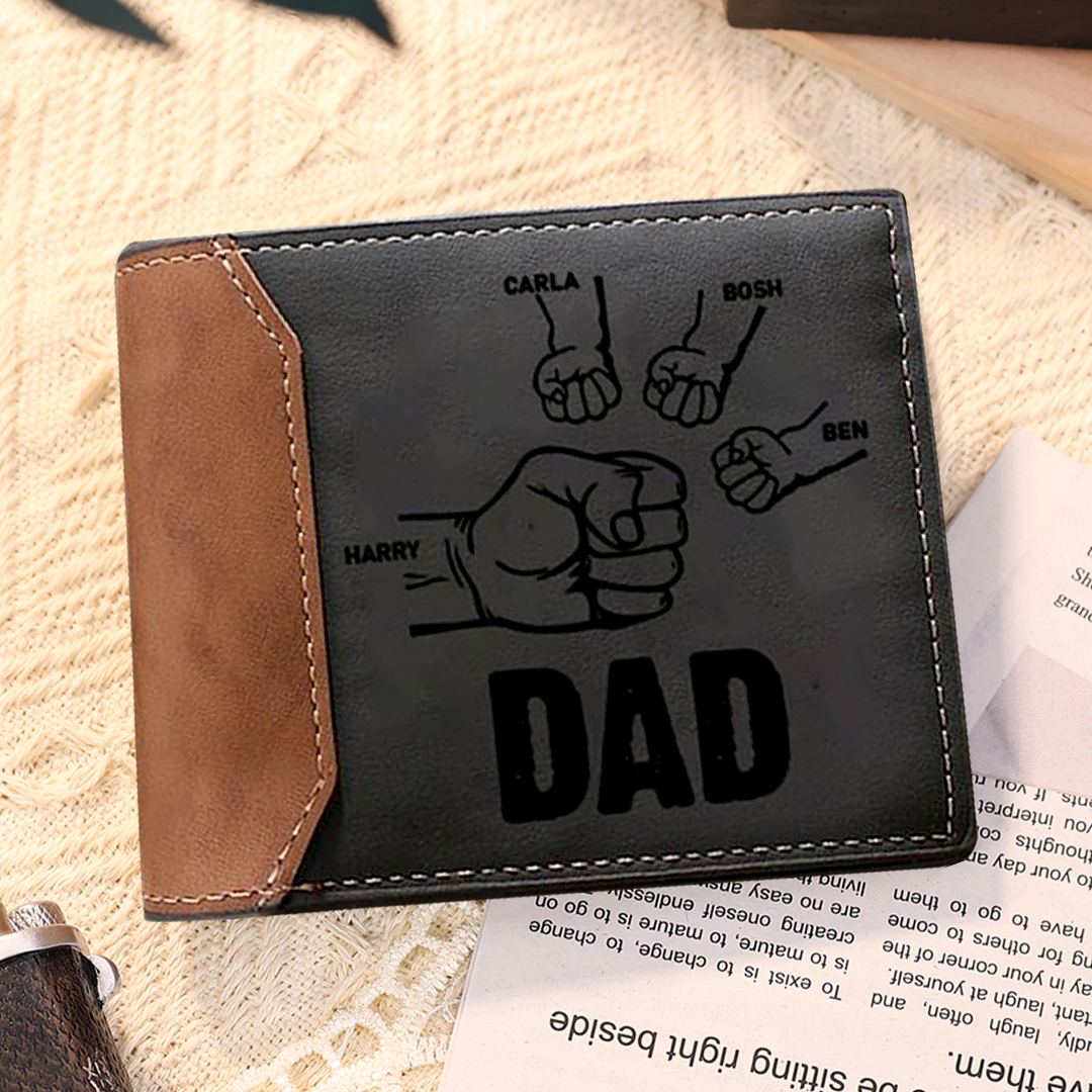4 Names - Personalised Fist Bump Photo Custom Leather Men's  Wallet With Gift Box as a Father's Day Gift for Dad