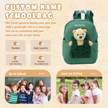 Personalised Bear School Bag Custom Name Canvas Backpack Back To School Gift for Kids