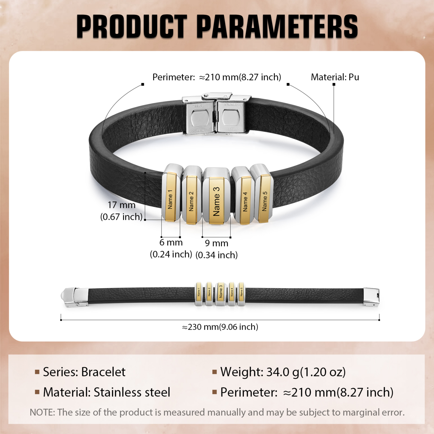 5 Names Personalised Stainless Steel Leather Bracelet Engraved Name Men's Bracelet Gift for Dad
