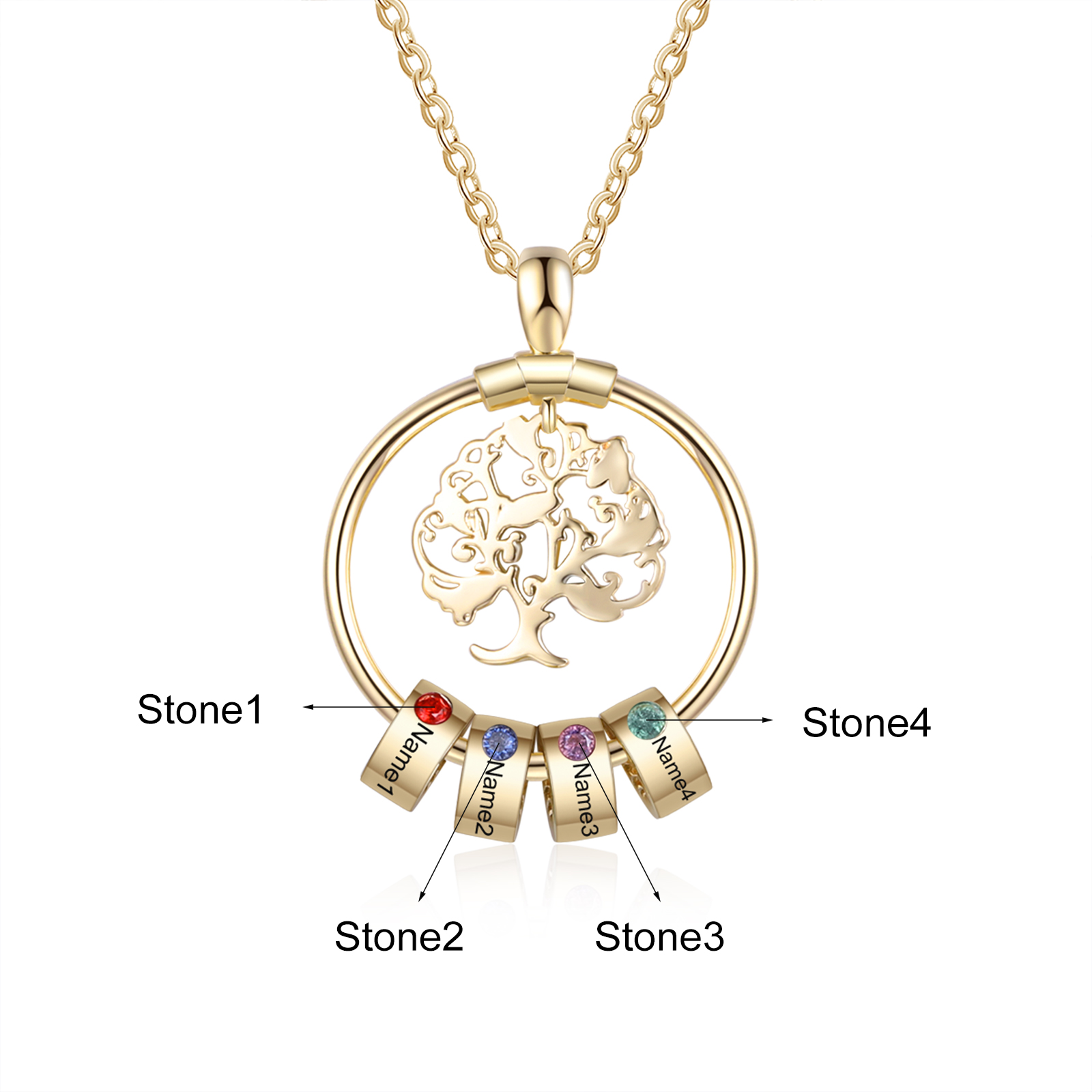 Personalized Family Tree Necklace With 4 Birthstone & 4 Name & Bracelet with 4 Name Gift Set Christmas Gift for Family | Jessemade