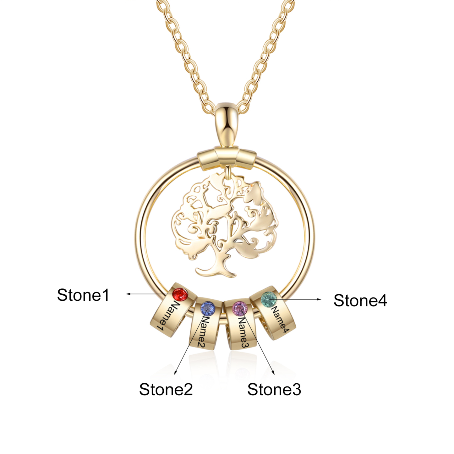 Personalized Family Tree Necklace With 4 Birthstone & 4 Name & Bracelet with 4 Name Gift Set Christmas Gift for Family | Jessemade