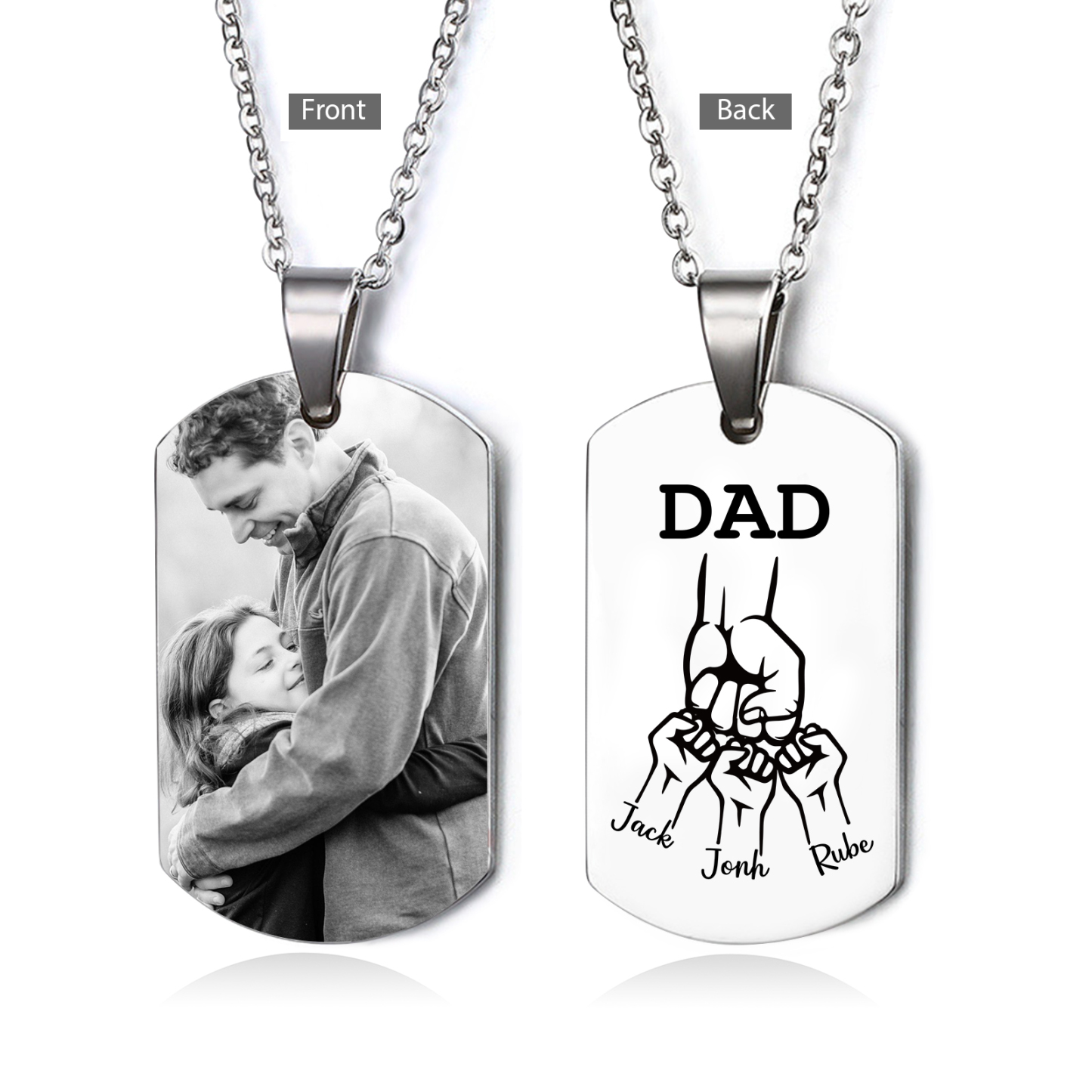4 Names-Personalised Dad Photo Fist Stainless Steel Necklace-Custom Names and Photo Necklace for Father/Grandad