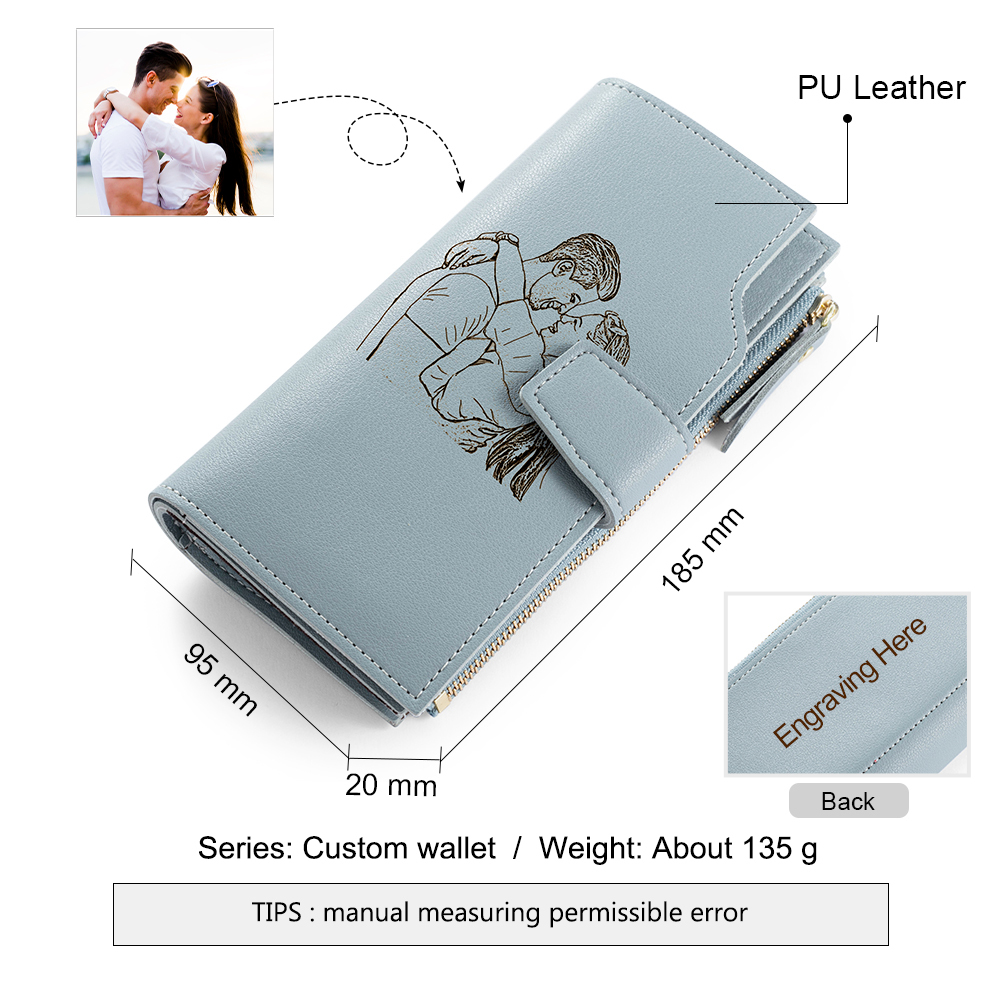 Custom Purse-Blue Personalised Leather Wallet Engraved Photo Long Purse Gifts For Women