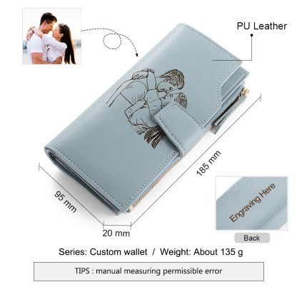Custom Purse-Blue Personalised Leather Wallet Engraved Photo Long Purse Gifts For Women
