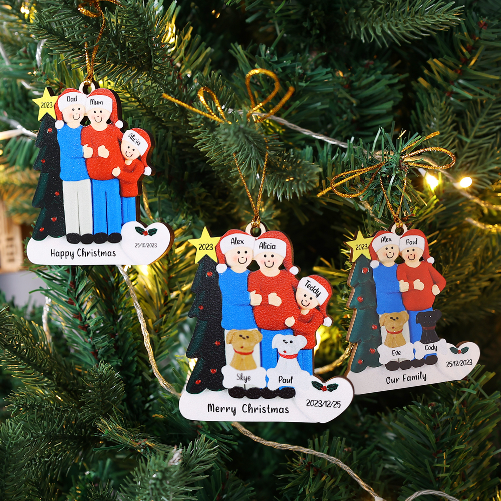 4 Names-Personalised Family Wooden Christmas Xmas Tree Decoration Ornament-Custom 4 Names And Dates Hanging Ornament Gifts For Family