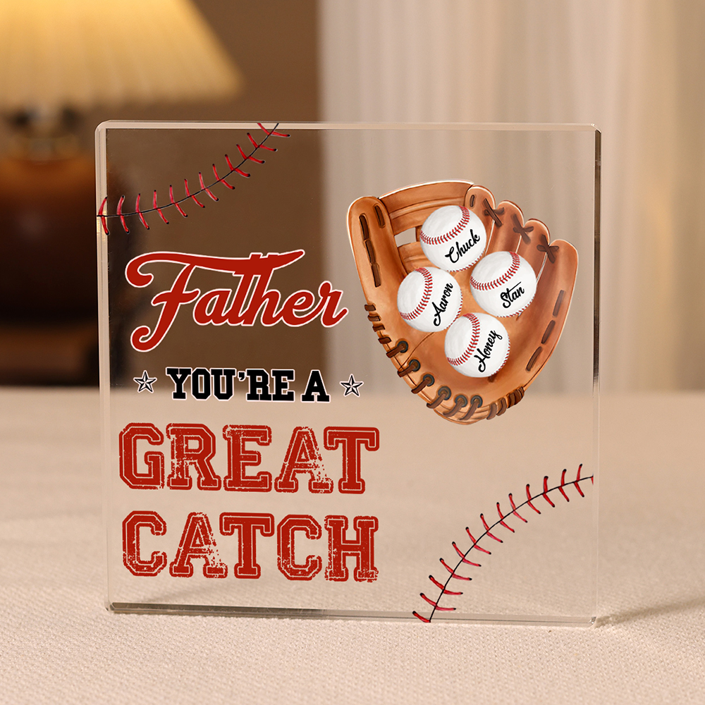 4 Names - Personalised Baseball Acrylic Keepsake Customized Name and Text Acrylic Plaque Ornament Father's Day Gift for Dad