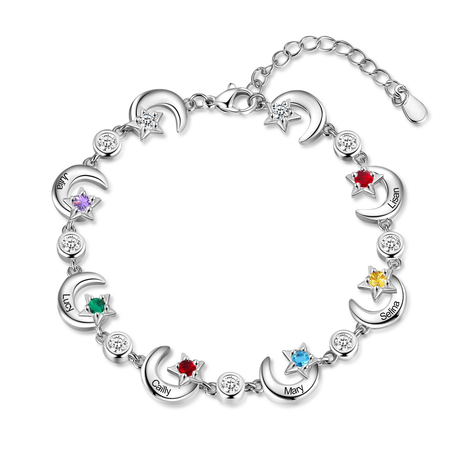 6 Names-Personalised Moons And Stars Bracelet With 6 Birthstones Custom Names Bracelet Gift For Women