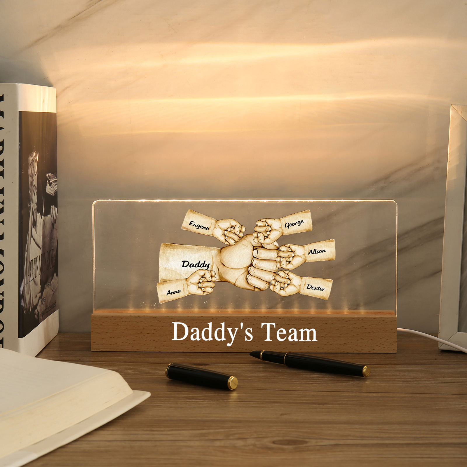 6 Names - Personalised Fist Bump Pattern Table Lamp Customized Text Father's Day Gift for Dad