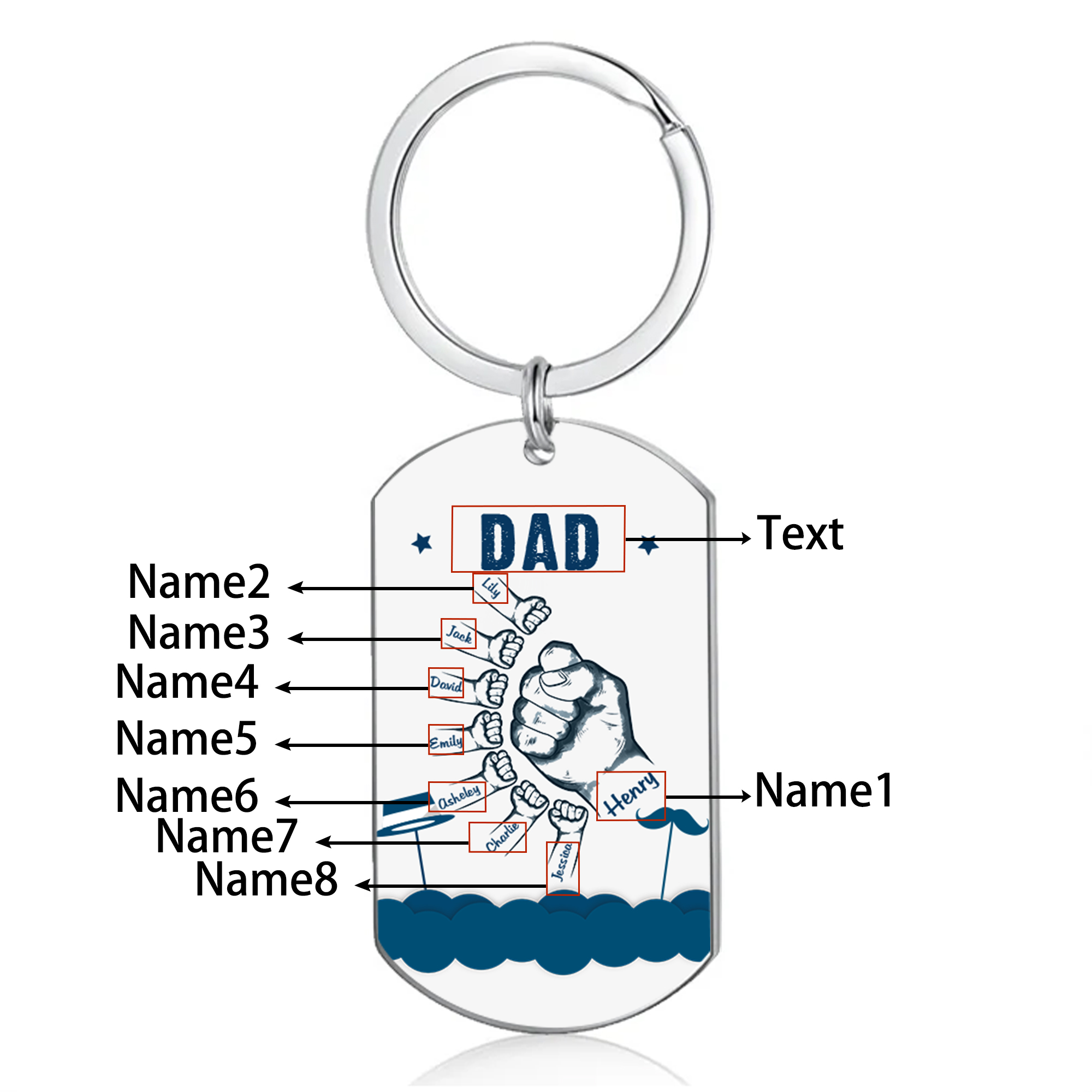 8 Names - Personalised Custom Fist Bump Keyring Hat and Beard Style Keyring Gift for Dad