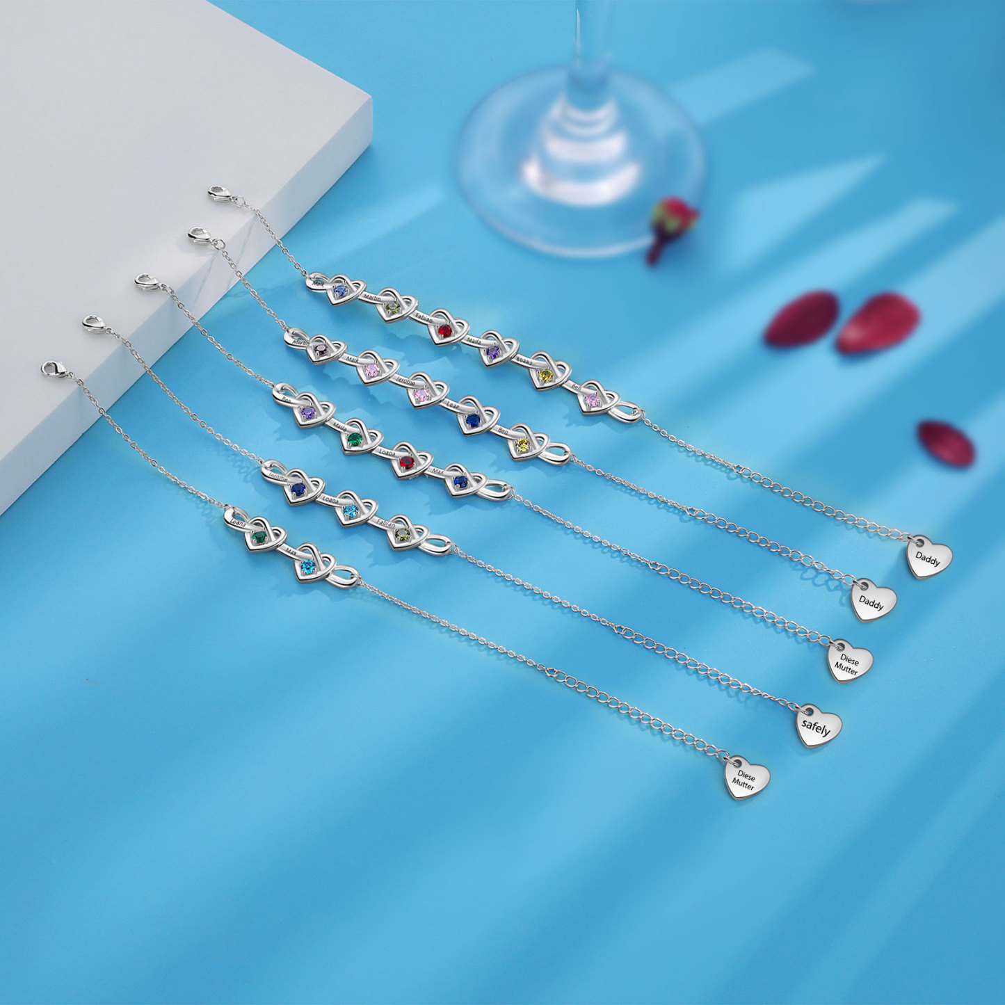 Personalised Bracelet Customized 5 Names & 5 Birthstones & 1 Text Heart Bracelet for Women | Jessmade