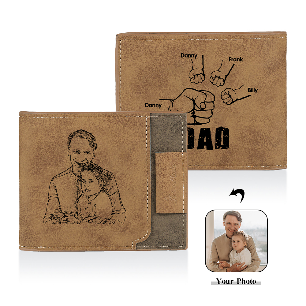 4 Names - Personalised Fist Bump Photo Custom Leather Men's Wallet as a Father's Day Gift for Dad