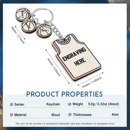 Personalised Text and 3 Names Wooden Basketball Keyring For Dad