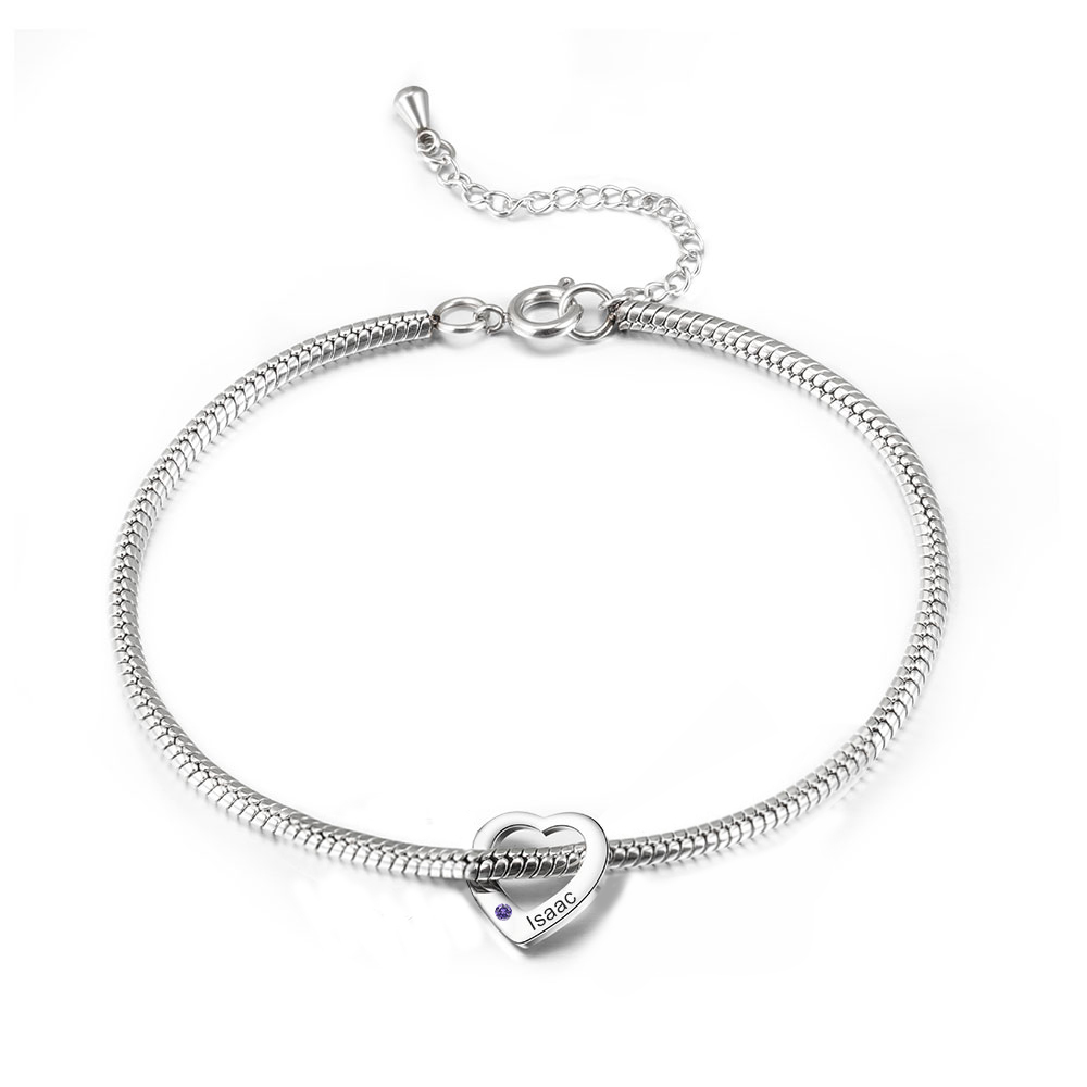 Custom Anklet Engraved 1 Name and Birthstone Heart Shaped Charm Personalised Bracelet for Women