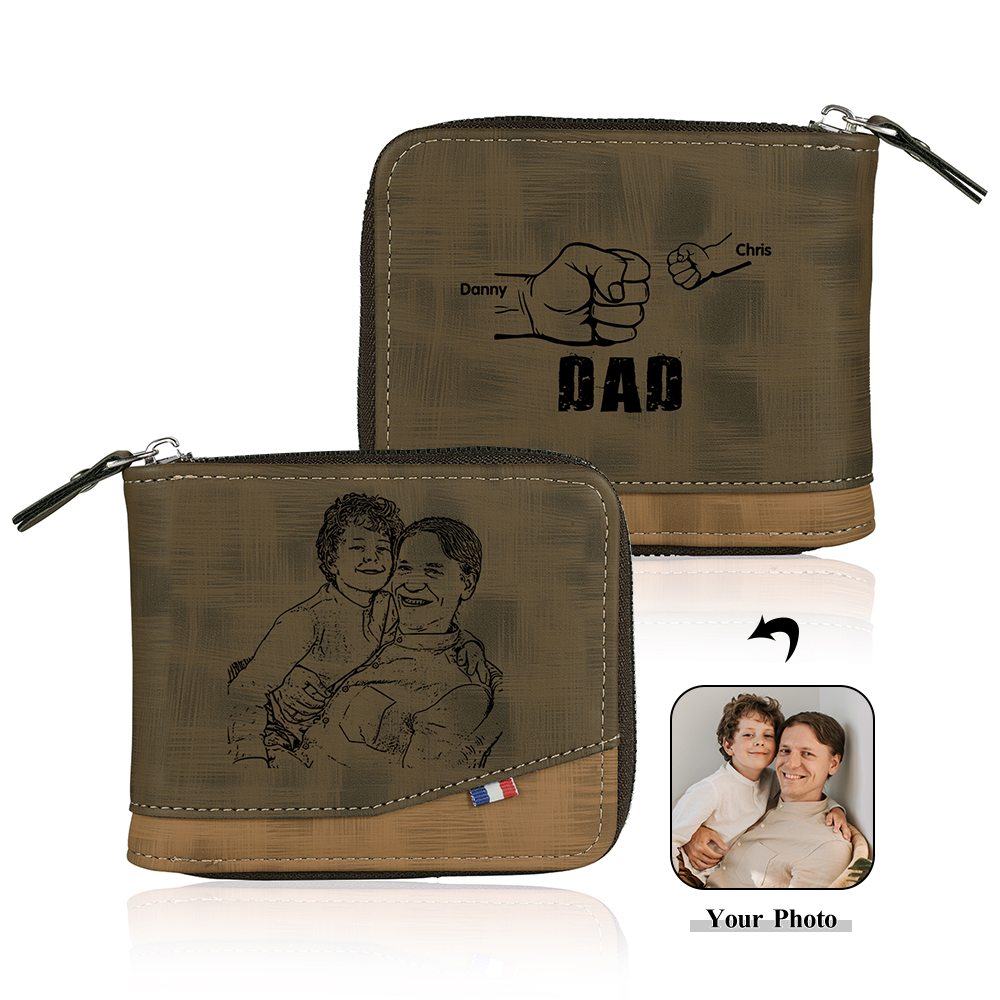 2 Names - Personalised Photo Custom Leather Men's Zipper Wallet as a Father's Day Gift for Dad